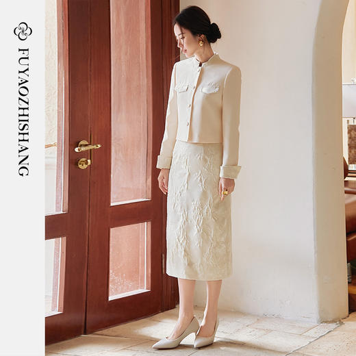 FUYAO扶摇 小香风长袖短款外套搭配高腰显瘦包臀半身裙两件套装春 商品图3