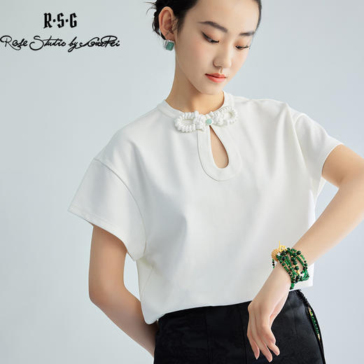 郭培成衣品牌精品系列新中式镂空盘扣小飞袖T恤 商品图3