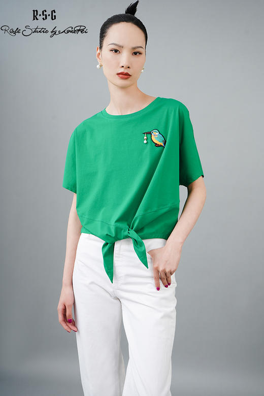 RSG郭培成衣品牌国风翠鸟刺绣下摆打结宽松T恤 商品图5