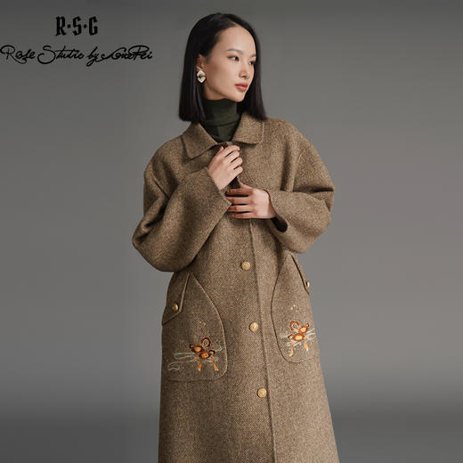 RSG郭培成衣品牌钱眼子祥云飘带刺绣贴袋美拉德色双面呢大衣 商品图0
