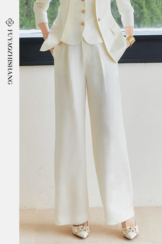 FUYAO扶摇 醋酸提花直筒裤女2025春新款国风休闲裤杏色垂感阔腿裤 商品图5