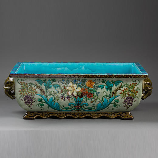 独角鹿西洋古董 1875年代法国陶艺家Théodore Deck签名出品东方风格象首双柄装饰硕果花卉主题彩釉花盆套 商品图0