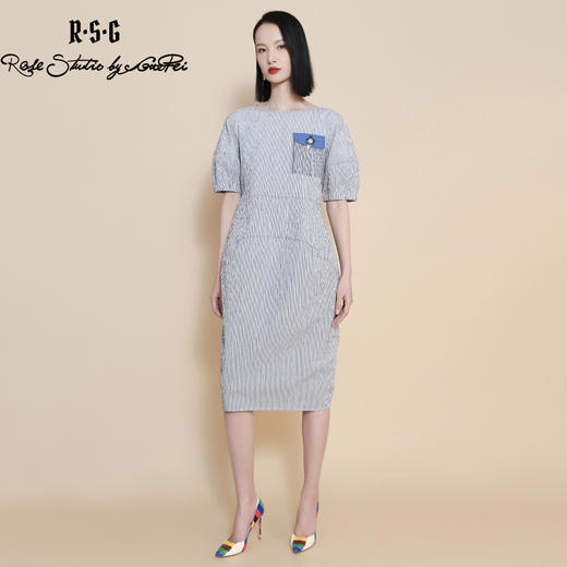 RSG郭培成衣品牌流苏花卉胸针竖条纹显瘦连衣裙修身夏季 商品图0