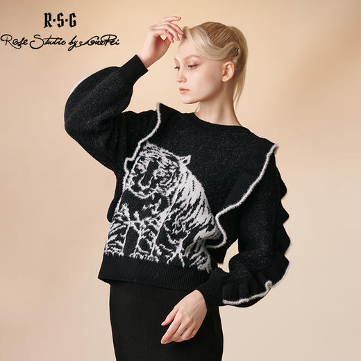 RSG郭培成衣品牌原创圆领荷叶边老虎图案套头长袖毛衣上衣 商品图1
