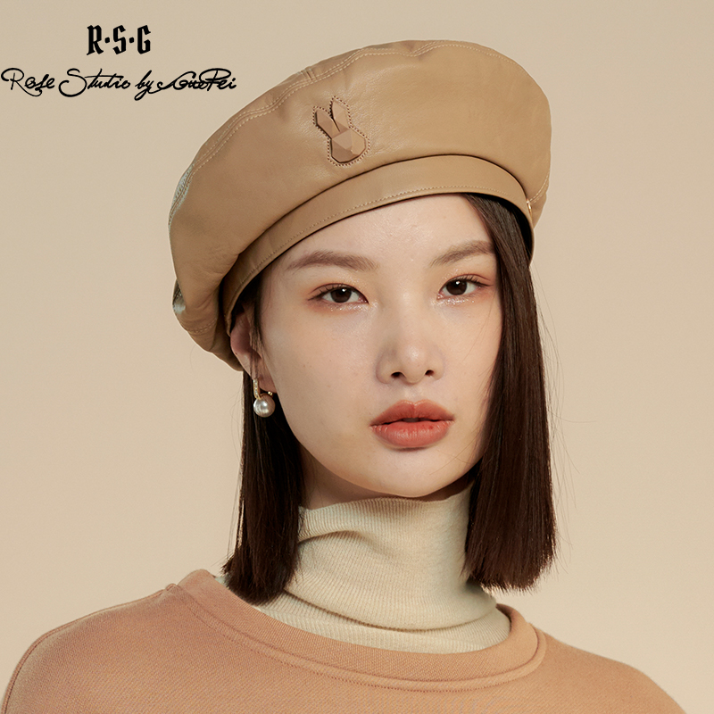 RSG郭培成衣品牌春秋季纯色简约装饰英伦皮质贝雷帽子黑色