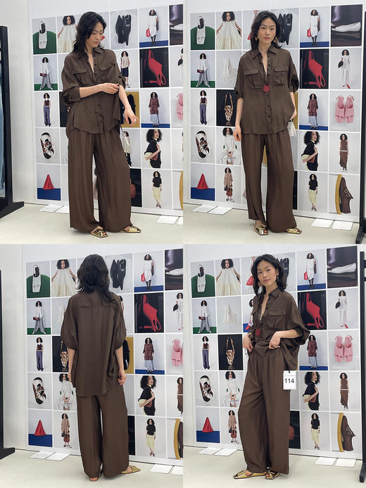 HIDEMI口袋工装感极简大廓形慵懒醋酸套装 衬衫/长裤 巧克力色/香草燕麦 商品图1