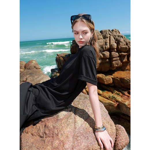 三彩2025夏季新款拼接连衣裙宽松落肩袖直筒裙中裙休闲M 商品图2