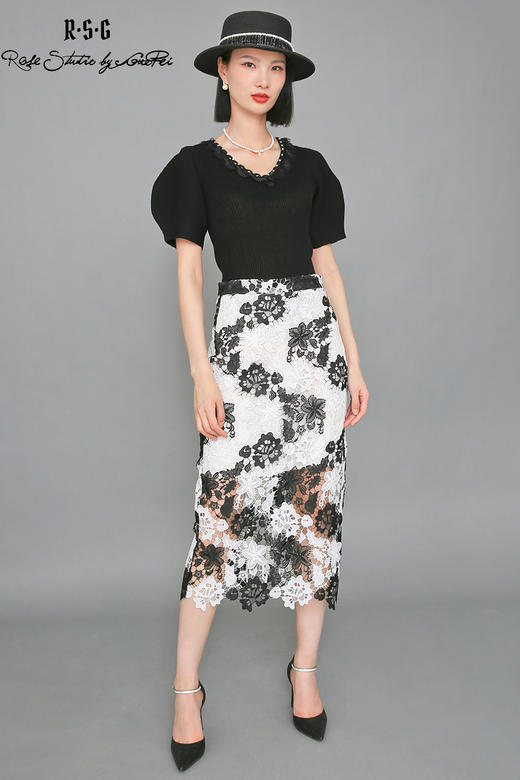 RSG郭培成衣品牌撞色拼接设计感蕾丝花朵优雅半身裙收腰包臀 商品图5