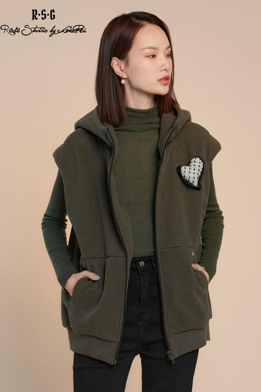 RSG郭培成衣品牌灰绿色插兜拉链连帽修身马甲桃心手工装饰 商品图5