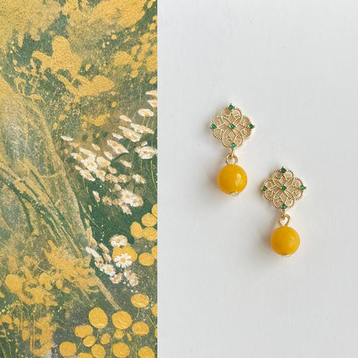 【敦煌菱形纹仿蜜蜡耳坠】国风原创手作宫廷风 镂空微镶锆石耳环古风耳钉新中式高级感耳饰 商品图7