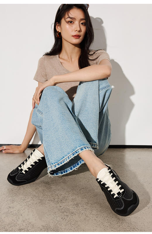 BESSIEIE/贝缌 头层牛羊皮  复古系带芭蕾小白鞋休闲轻薄运动德训鞋百搭 商品图8