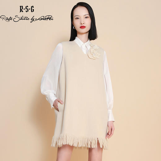 RSG郭培成衣品牌纯羊毛手工珍珠花朵流苏连衣裙A字裙 商品图1