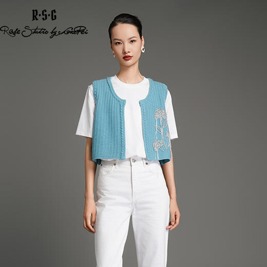RSG郭培成衣品牌银线芙蓉花刺绣蓝色针织马甲 商品图2