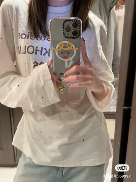 42-4  颓废华丽时髦去油腻 AC 25SS 茶染做旧烫钻 圆领超长袖 宽松T恤