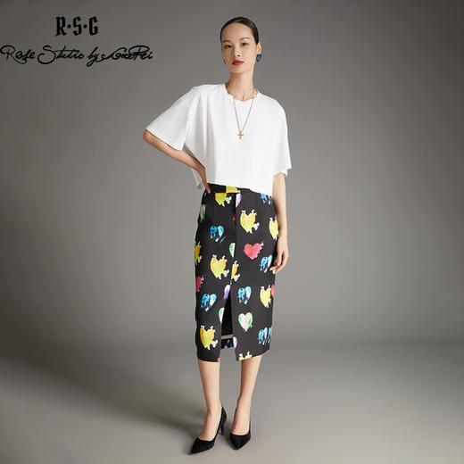 RSG郭培成衣品牌复古直筒裙心形不规则图案前开衩设计时尚半身裙 商品图0