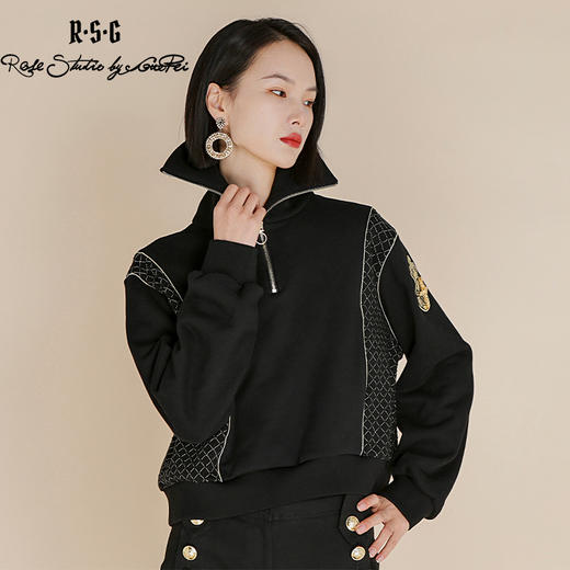RSG郭培成衣品牌高光十刻金标点钻黑色翻领套头长袖卫衣女装 商品图0