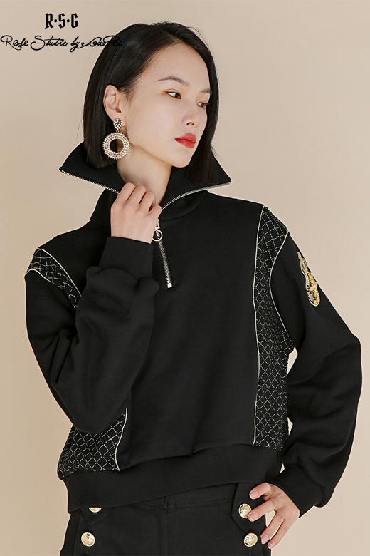 RSG郭培成衣品牌高光十刻金标点钻黑色翻领套头长袖卫衣女装 商品图5