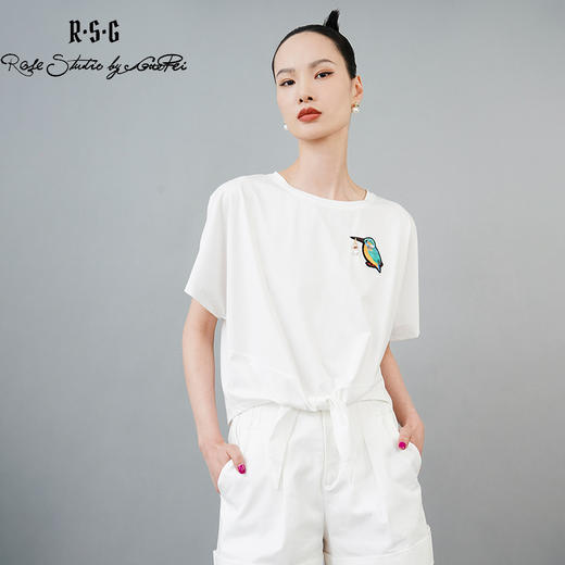 RSG郭培成衣品牌国风翠鸟刺绣下摆打结宽松T恤 商品图2