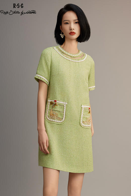 郭培成衣品牌【“药”爱自己】编织装饰领斜纹呢人参刺绣连衣裙 商品图5