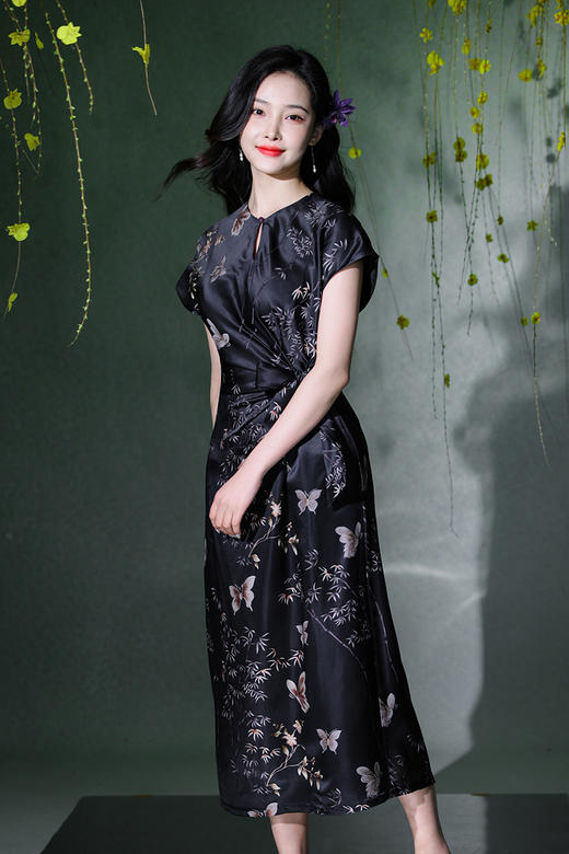逸红颜明月优选#23姆米真丝提花裙『蝶竹』流淌的丝绸黑珍珠，腰间蝴蝶结系带优雅迷人 商品图4