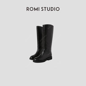 ROMI STUDIO“old money” 头层牛皮斜口不过膝粗跟长筒靴 23AWS019