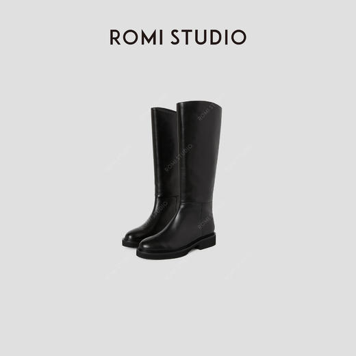 ROMI STUDIO“old money” 头层牛皮斜口不过膝粗跟长筒靴 23AWS019 商品图0