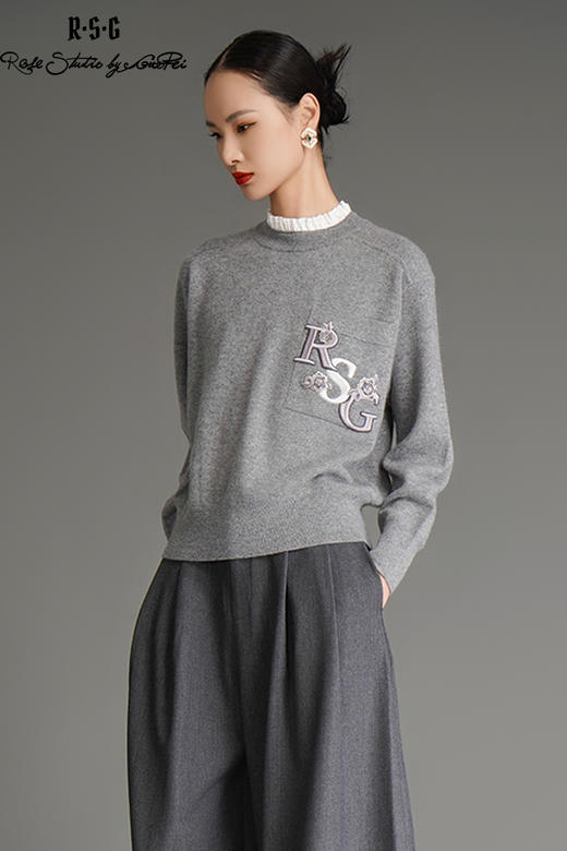 RSG郭培成衣品牌国风刺绣高级灰美拉德波褶领保暖宫廷风羊绒毛衣 商品图5