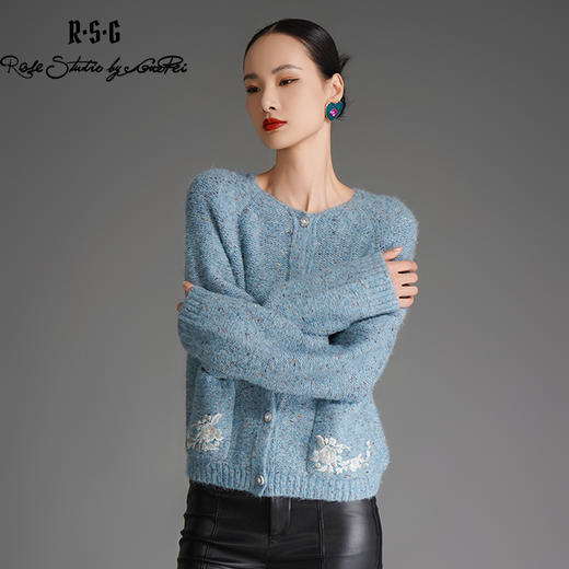 RSG郭培成衣品牌显白蓝色系国风芙蓉花刺绣花纱秋冬开襟毛衣 商品图4