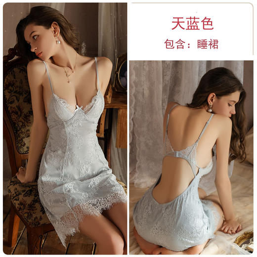 【免穿文胸❗蕾丝睡裙家居套装】DZ瑰若性感露背，吊带赋予性感和优雅，曼妙蕾丝排扣辅助，睡衣加胸垫聚拢吊带睡裙外袍家居服套装QQ 商品图4