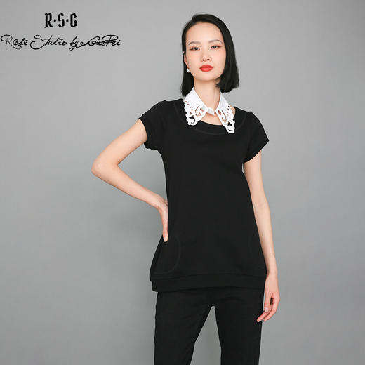 RSG郭培成衣品牌原创设计镂空刺绣珍珠缀饰领纯棉T恤短袖女夏 商品图2