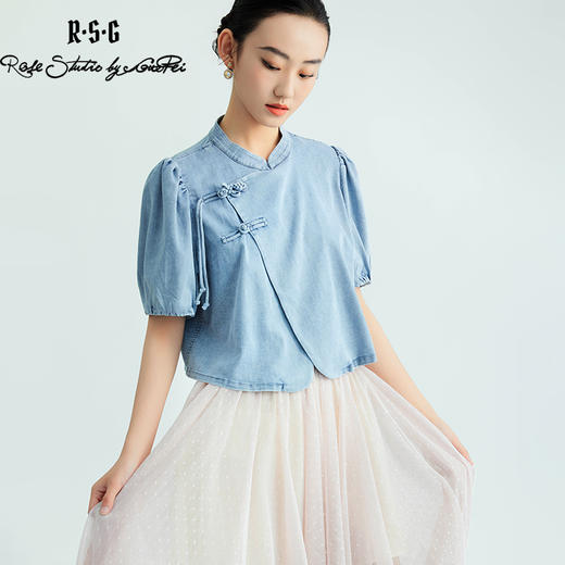 郭培成衣品牌新中式盘扣泡泡袖牛仔短袖上衣 商品图1