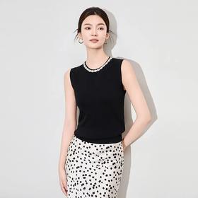 【高货wl】全新升级【铂金会员174/天猫229/差价55】(05259) 洛诗琳时尚优雅镶钻圆领无袖曲珠针织衫设计感背心上衣