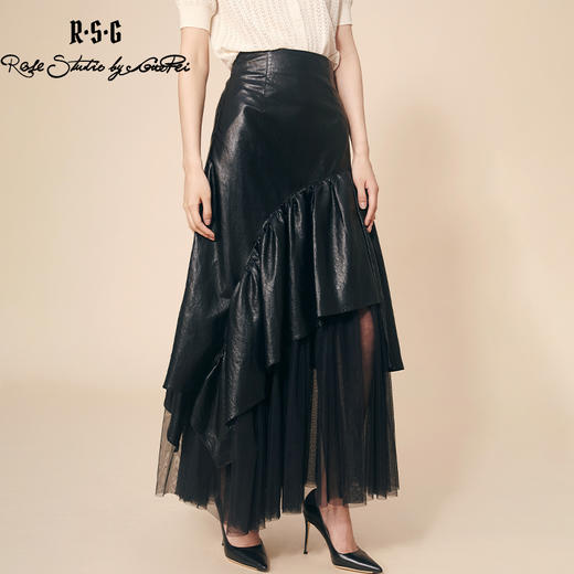 RSG郭培成衣品牌纯色不规则拼接百褶网纱皮裙黑色 商品图3