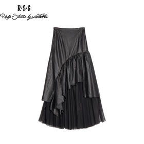 RSG郭培成衣品牌纯色不规则拼接百褶网纱皮裙黑色