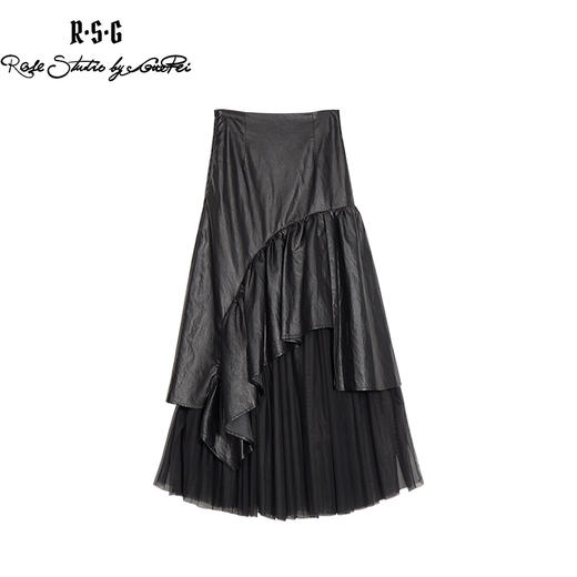 RSG郭培成衣品牌纯色不规则拼接百褶网纱皮裙黑色 商品图0