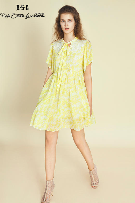 RSG郭培成衣品牌原创设计蕾丝印花女士连衣裙短袖黄色夏季 商品图5