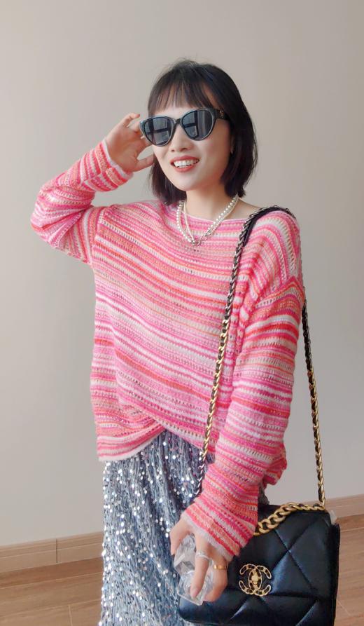 2025春新款钩花百搭条纹镂空宽松圆领长袖薄款针织衫 商品图5