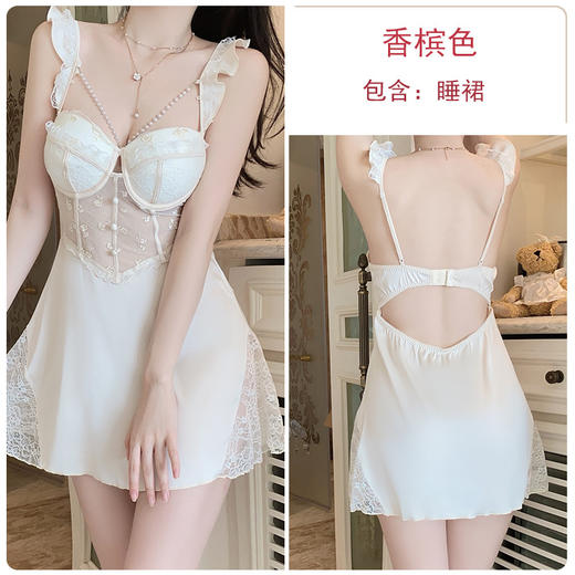 【珍珠链装饰❗️纯欲蕾丝刺绣睡裙】自带胸垫，免穿内衣文胸！美背甜美深V钢圈吊带睡衣家居服 商品图6