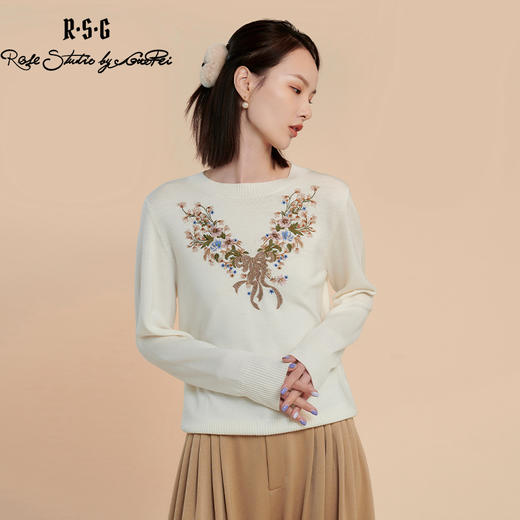 RSG郭培线上成衣品牌纯羊毛蝴蝶花朵刺绣点钻针织衫上衣女装 商品图1