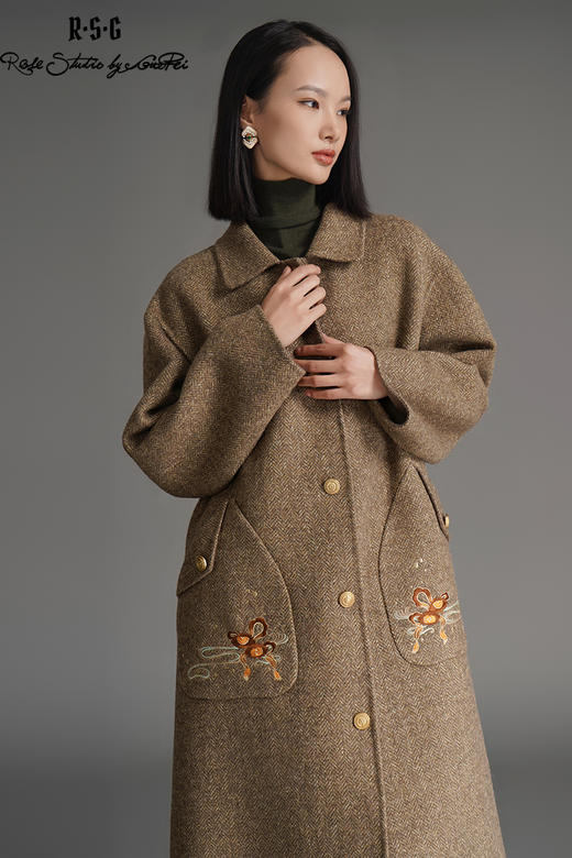 RSG郭培成衣品牌钱眼子祥云飘带刺绣贴袋美拉德色双面呢大衣 商品图5