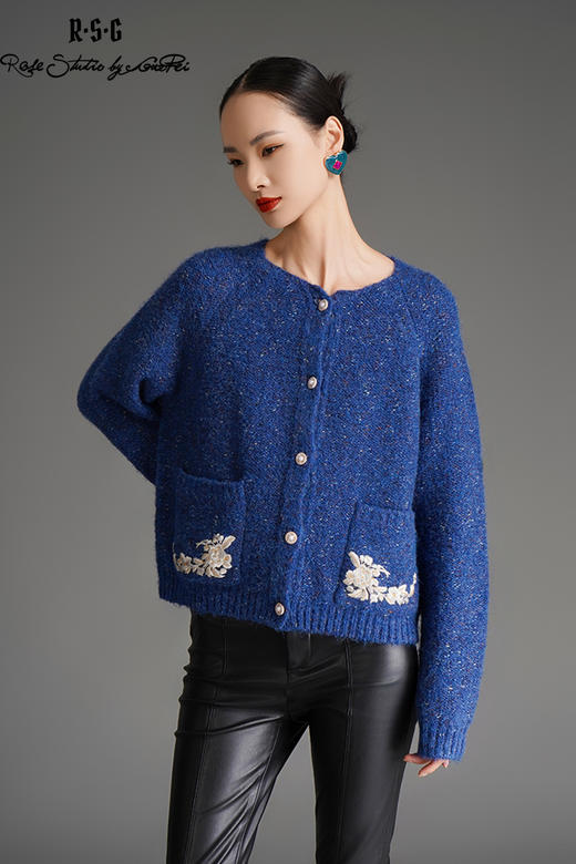 RSG郭培成衣品牌显白蓝色系国风芙蓉花刺绣花纱秋冬开襟毛衣 商品图5