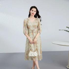 【高货kbnq】全新升级【铂金会员441/天猫599/差价158】(14450) 洛诗琳端庄法式设计感气质收腰印花洋气桑蚕丝连衣裙