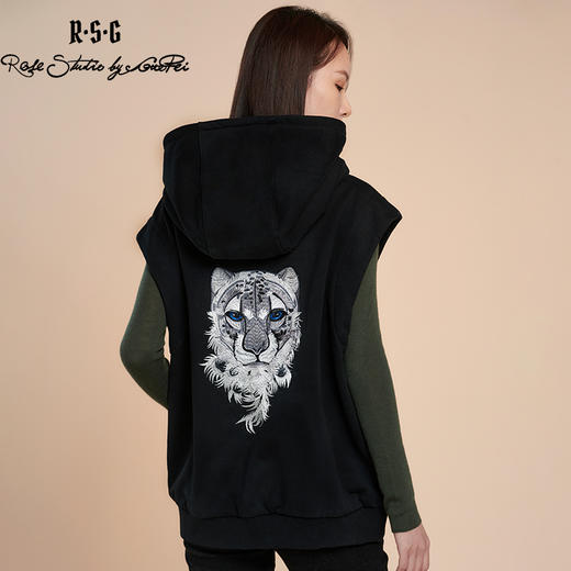 RSG郭培成衣品牌黑色插兜拉链连帽马甲雪豹刺绣纯棉修身女装 商品图0