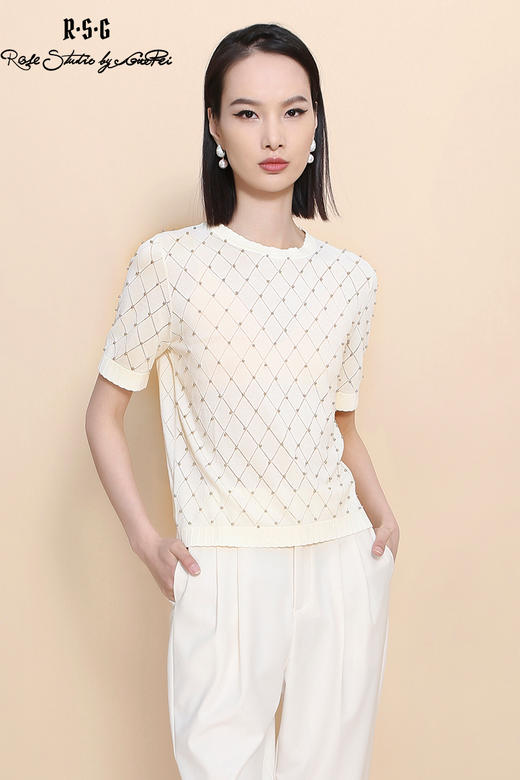 RSG郭培成衣品牌 夏季新款镂空钉珠装饰格纹针织薄款上衣 商品图5