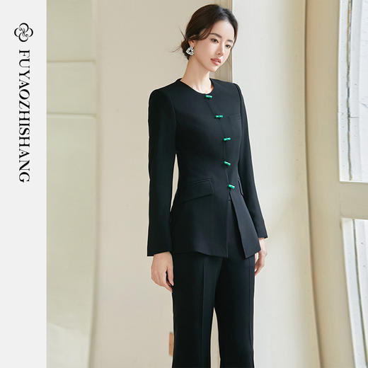 FUYAO扶摇 黑色新中式西装外套女2025新款国风圆领对襟扣西服套装 商品图3