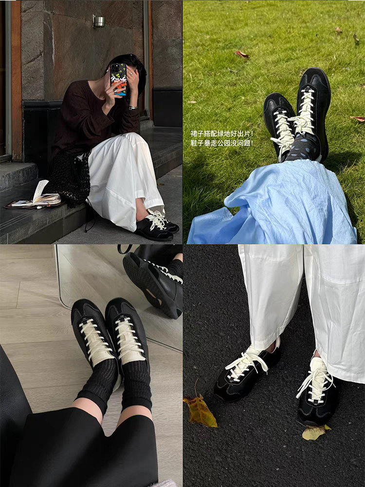 BESSIEIE/贝缌 头层牛羊皮  复古系带芭蕾小白鞋休闲轻薄运动德训鞋百搭