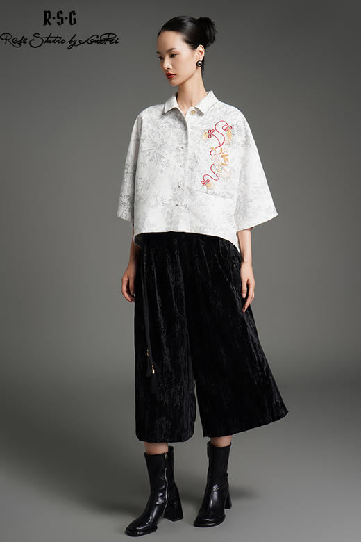 郭培成衣品牌新中式提花流苏丝绒阔腿裤 商品图5