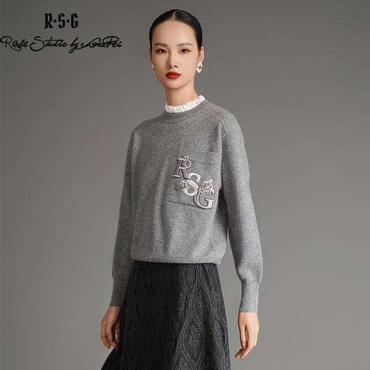 RSG郭培成衣品牌国风刺绣高级灰美拉德波褶领保暖宫廷风羊绒毛衣 商品图1