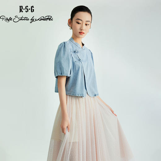 郭培成衣品牌新中式盘扣泡泡袖牛仔短袖上衣 商品图4