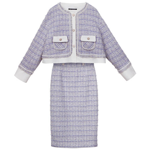 RSG郭培成衣品牌粗花呢重工装饰优雅套装春季新款淡紫 米白 商品图4